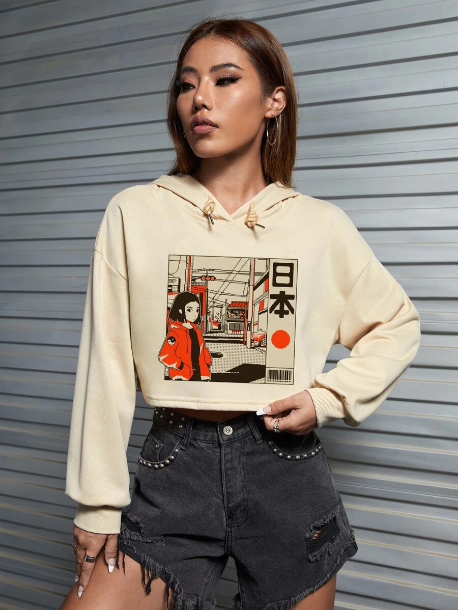 Arts of Win Figure Graphic Drop Shoulder Drawstring Crop Hoodie - Apricot - View 1