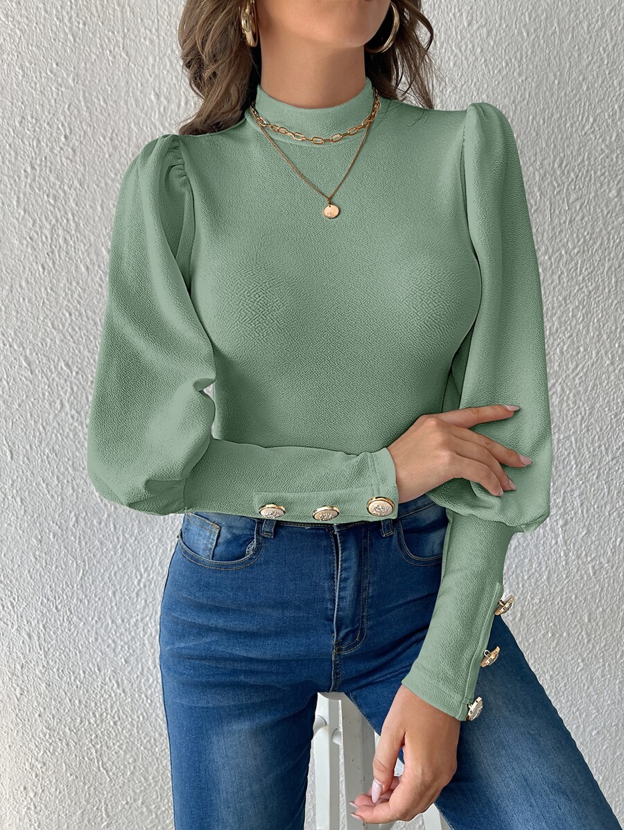 SHEIN Privé 小高領後鎖孔T恤 - 薄荷綠 - 查看 1