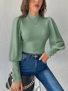 SHEIN Privé 小高領後鎖孔T恤 - 薄荷綠 - 查看 3