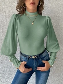 SHEIN Privé 小高領後鎖孔T恤 - 薄荷綠 - 查看 4