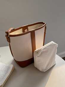 撞色滾邊水桶包帶內袋 - 米色 - 查看 1