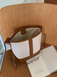 撞色滾邊水桶包帶內袋 - 米色 - 查看 3