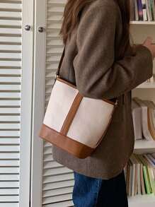 撞色滾邊水桶包帶內袋 - 米色 - 查看 5
