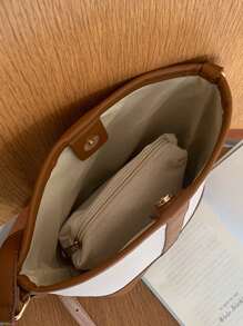 撞色滾邊水桶包帶內袋 - 米色 - 查看 6