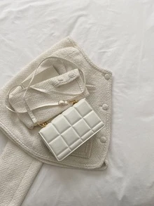 Bolsa cuadrada mini de cuadros en relieve con diseño de cadena con solapa - Blanco - Ver 2