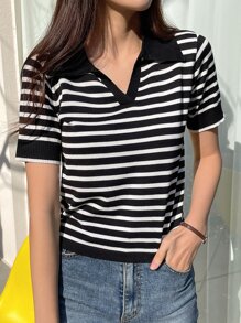 DAZY Sọc Viền tương phản Knit ngọn - Đen và trắng - Xem 1