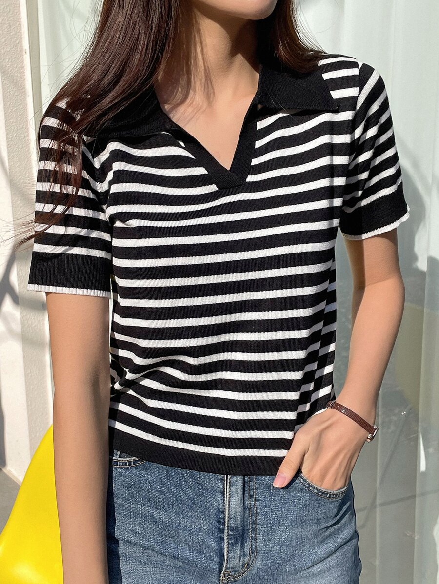 DAZY Sọc Viền tương phản Knit ngọn - Đen và trắng - Xem 1