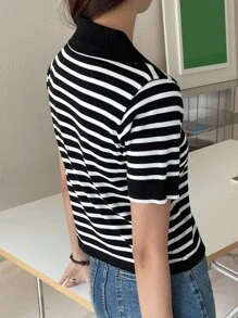 DAZY Sọc Viền tương phản Knit ngọn - Đen và trắng - Xem 2