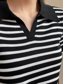 DAZY Sọc Viền tương phản Knit ngọn - Đen và trắng - Xem 4