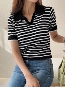 DAZY Sọc Viền tương phản Knit ngọn - Đen và trắng - Xem 5