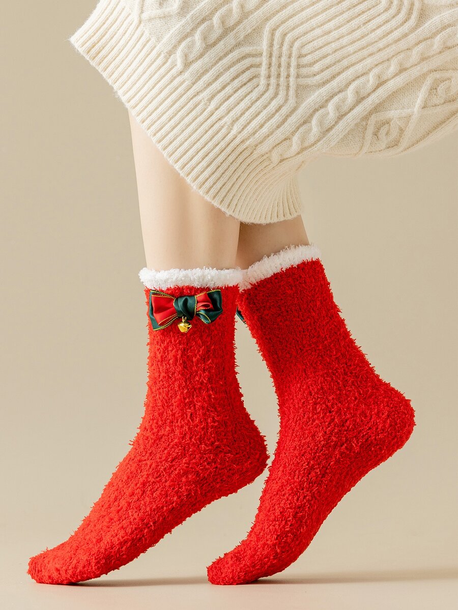 Calcetines de tripulación lazo & con diseño de campana de peluche - Rojo - Ver 1