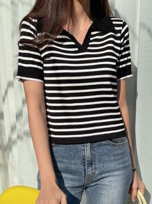 DAZY Sọc Viền tương phản Knit ngọn - Đen và trắng - Xem 6