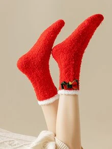 Calcetines de tripulación lazo & con diseño de campana de peluche - Rojo - Ver 3