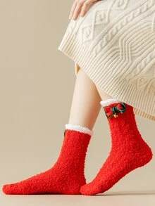 Calcetines de tripulación lazo & con diseño de campana de peluche - Rojo - Ver 4