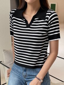 DAZY Sọc Viền tương phản Knit ngọn - Đen và trắng - Xem 7