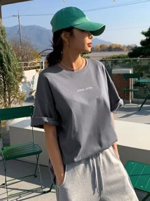 DAZY Letter Graphic Drop Shoulder Tee - Grey - View 8