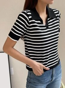 DAZY Sọc Viền tương phản Knit ngọn - Đen và trắng - Xem 8