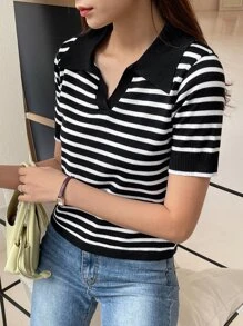 DAZY Sọc Viền tương phản Knit ngọn - Đen và trắng - Xem 9