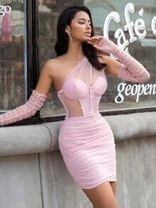 One Shoulder Cut Out Ruched Mesh Bodycon Dress With Thumbhole Sleeves - Baby Pink - View 3