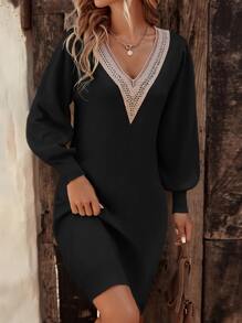 SHEIN LUNE Guipure Lace Insert Lantern Sleeve Jumper Dress - Black - View 1