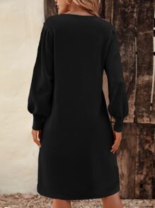 SHEIN LUNE Guipure Lace Insert Lantern Sleeve Jumper Dress - Black - View 2