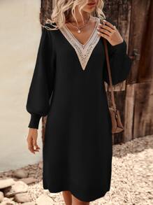 SHEIN LUNE Guipure Lace Insert Lantern Sleeve Jumper Dress - Black - View 3