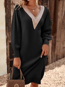 SHEIN LUNE Guipure Lace Insert Lantern Sleeve Jumper Dress - Black - View 4