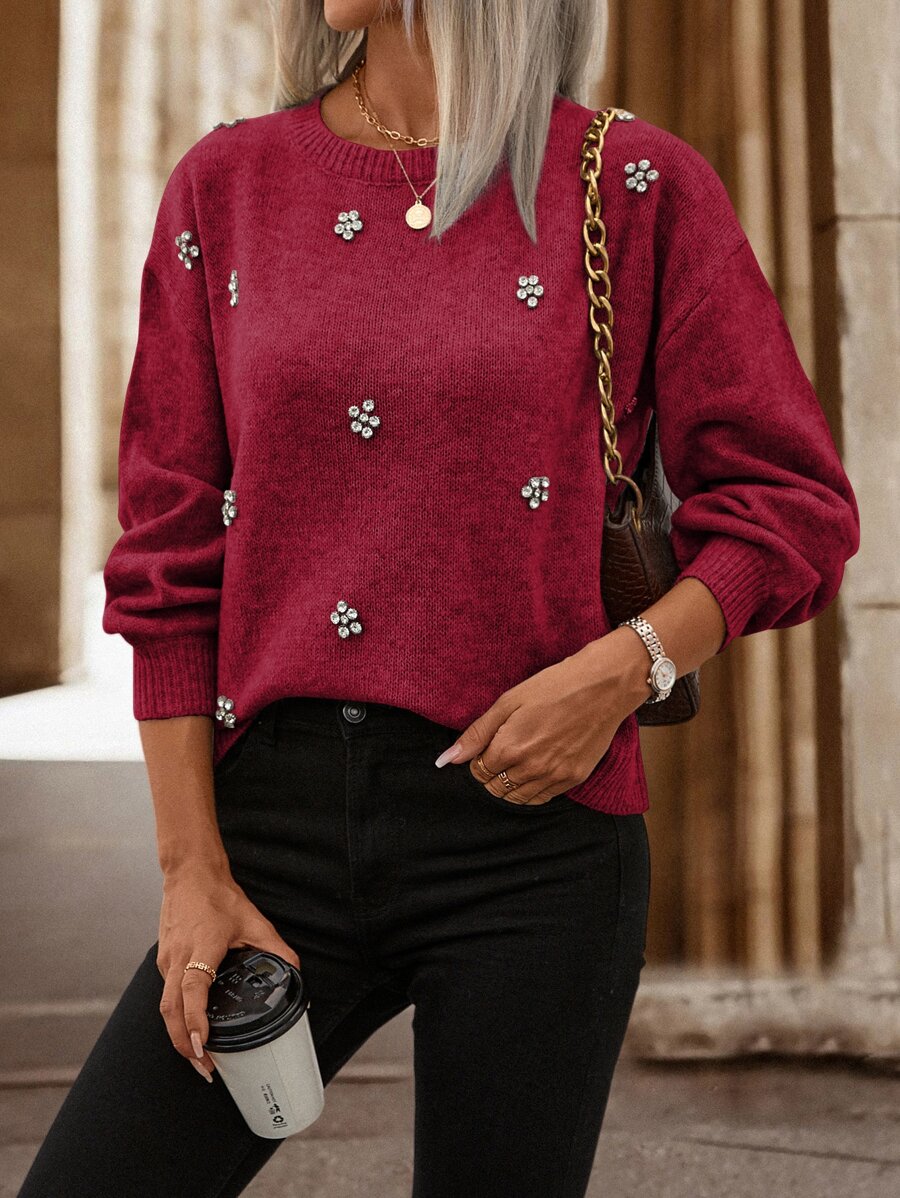 SHEIN LUNE Rhinestone Detail Drop Shoulder Jumper - Burgundy - View 1