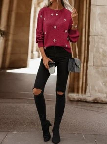 SHEIN LUNE Rhinestone Detail Drop Shoulder Jumper - Burgundy - View 3