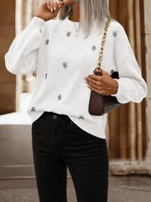 SHEIN LUNE Rhinestone Detail Drop Shoulder Jumper - White - View 4