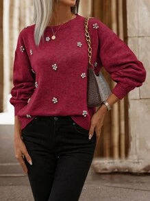 SHEIN LUNE Rhinestone Detail Drop Shoulder Jumper - Burgundy - View 5