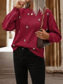 SHEIN LUNE Rhinestone Detail Drop Shoulder Jumper - Burgundy - View 6