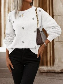 SHEIN LUNE Rhinestone Detail Drop Shoulder Jumper - White - View 6