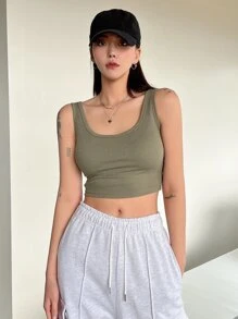 DAZY Solid Scoop Neck Crop Tank Top - Army Green - View 4
