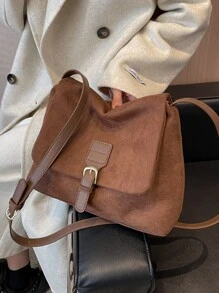 Buckle Decor Flap Hobo Bag - Coffee Brown - View 1