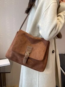Buckle Decor Flap Hobo Bag - Coffee Brown - View 2