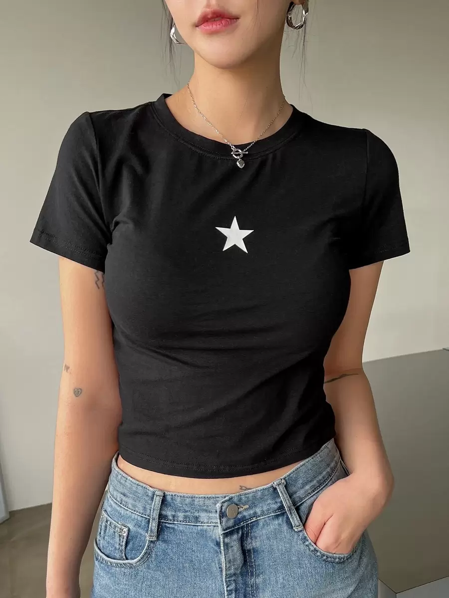 DAZY Star Print Crop Tee - Black - View 1