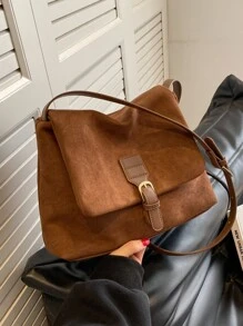 Buckle Decor Flap Hobo Bag - Coffee Brown - View 6