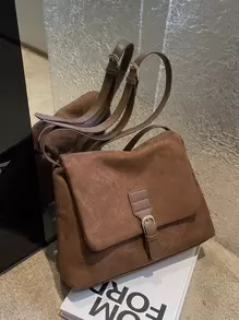 Buckle Decor Flap Hobo Bag - Coffee Brown - View 8