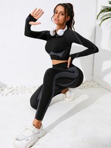 Easithlete Seamless Colourblock Sports Tee & Leggings - Black - View 1
