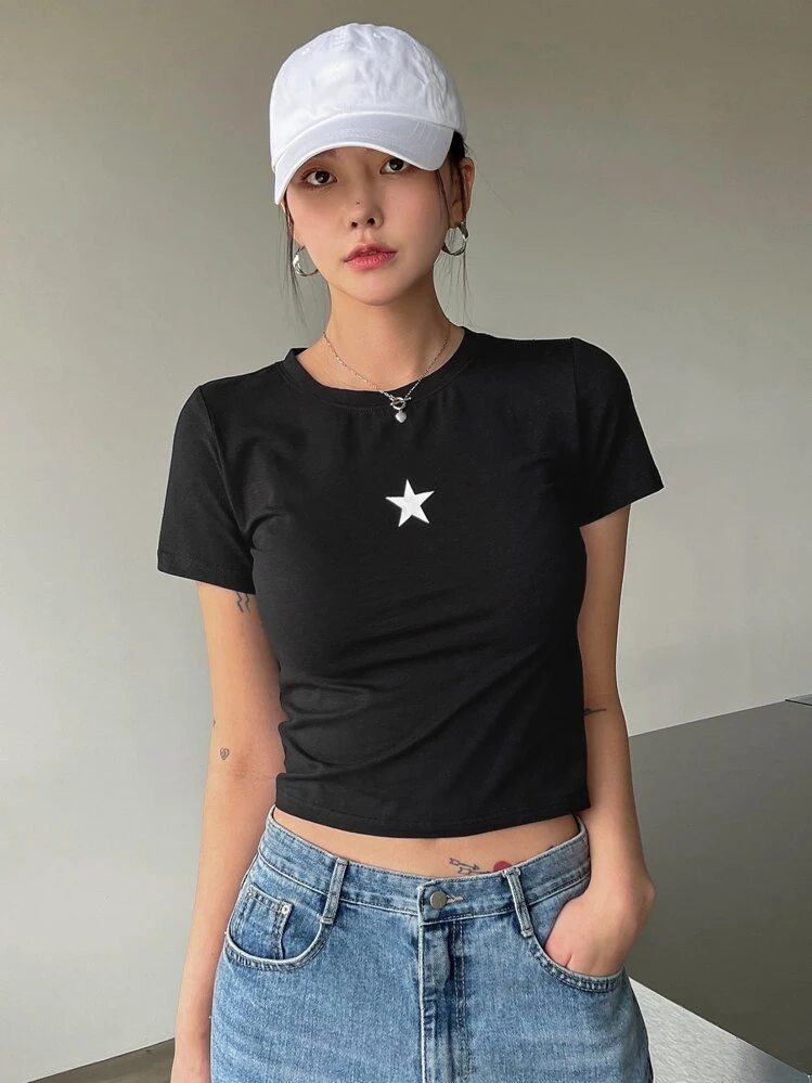 DAZY Stjärna Tryck Korta T-Shirts - Svart - Visa 5