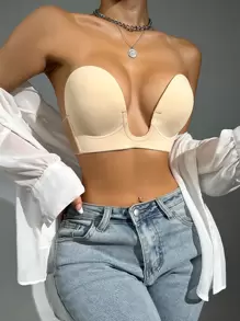 SHEIN Sujetador adhesivo con push-up sin tirantes y sin espalda de tela color albaricoque para mujeres - Albaricoque - Ver 1