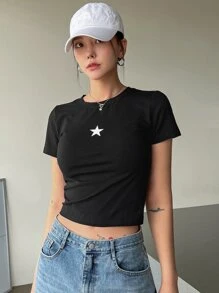 DAZY Star Print Crop Tee - Black - View 8