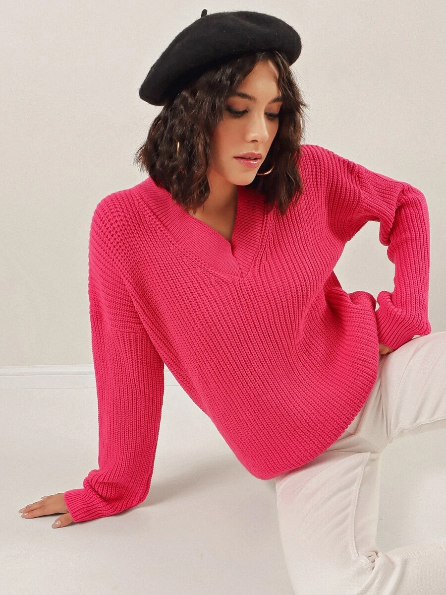 EURMUSE Jersey de hombros caídos tejido de canalé - Rojo - Ver 1