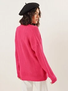 EURMUSE Jersey de hombros caídos tejido de canalé - Rojo - Ver 2