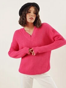 EURMUSE Jersey de hombros caídos tejido de canalé - Rojo - Ver 3