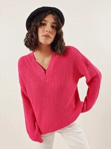 EURMUSE Jersey de hombros caídos tejido de canalé - Rojo - Ver 5