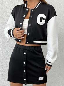 SHEIN EZwear con parche de letra ribete de rayas de hombros caídos corto Cazadora de universidad & Falda - Blanco y Negro - Ver 3