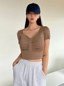 DAZY Solid Ruched Bust Button Front Sweetheart Neck Crop Tee - Khaki - View 5