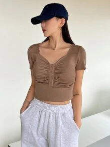 DAZY Solid Ruched Bust Button Front Sweetheart Neck Crop Tee - Khaki - View 6